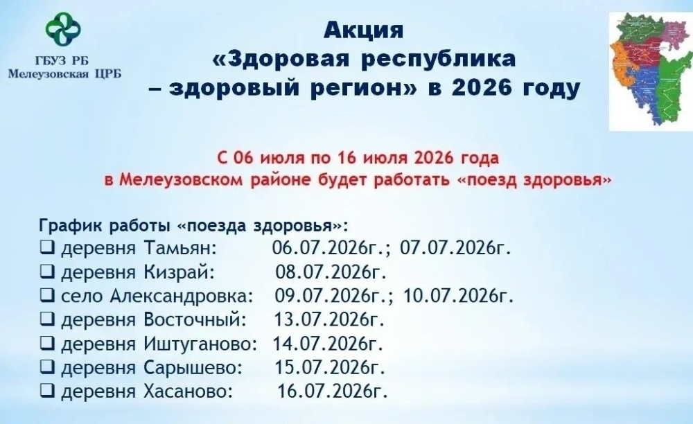 Сегодня 14 июля «Поезд здоровья» в деревне Иштуганово